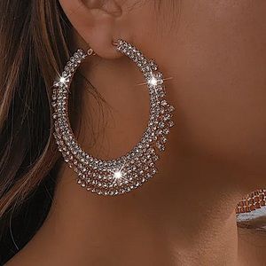 Gold Crystal Hoop Oversized Statement Tassel Earrings